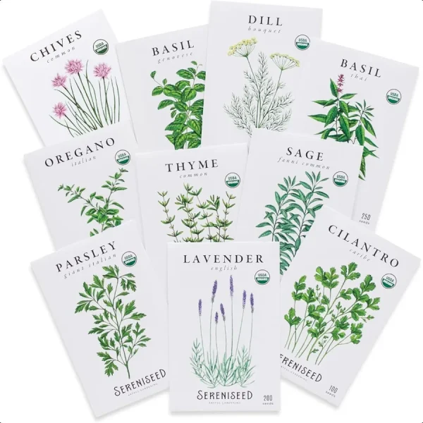 Certified Organic Herb Seeds 10Pack Non GMO Heirloom Seed  Basil Cilantro Oregano Thyme Parsley Lavender Chives S